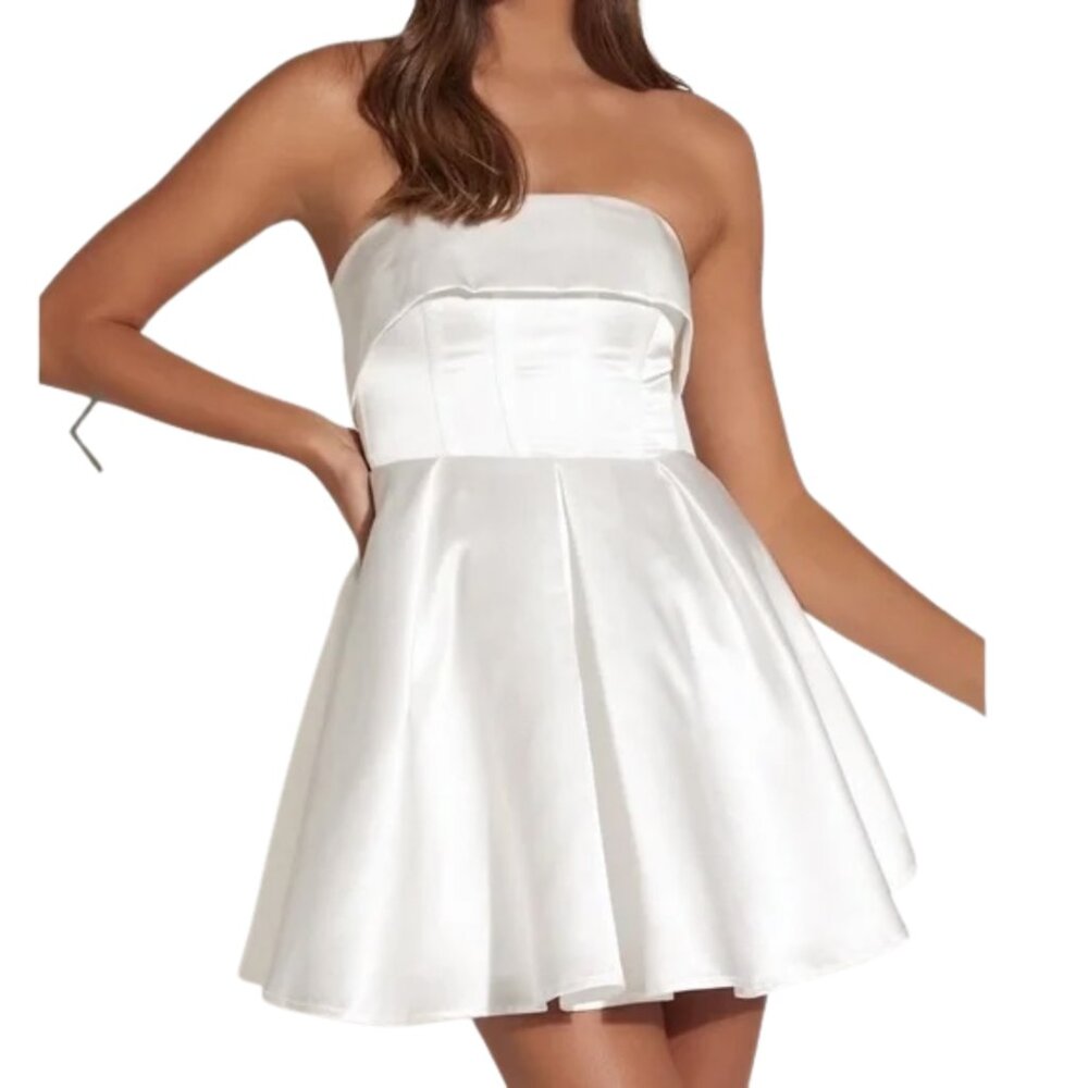 SHOWPO VALORA MINI DRESS - STRAPLESS FIT AND FLARE SATIN DRESS IN IVORY